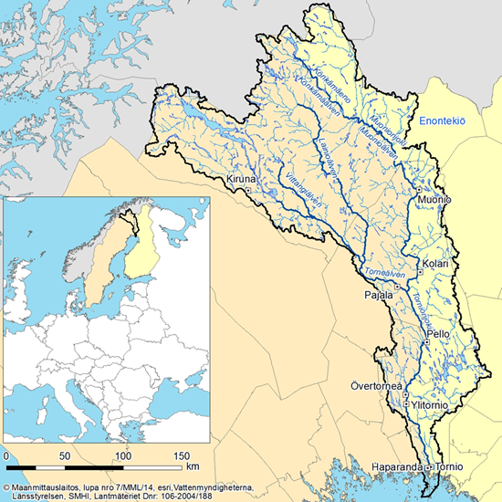 Karta över torneälvens vattendistrikt